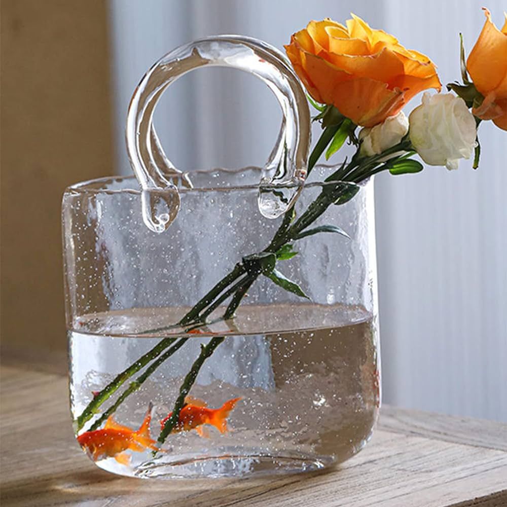 IUIBMI Glass Bag Vase for Flowers, Hand Blown Clear Purse Vase with Bubbles in It, Clear Glass Va... | Amazon (US)