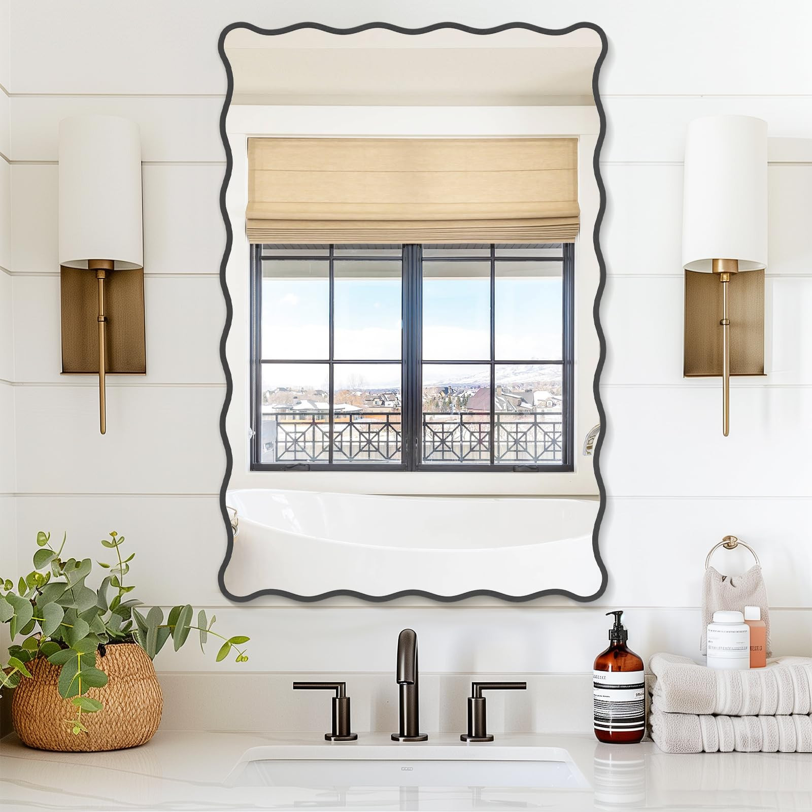 Black Wavy Bathroom Mirror 20" x 30" Rectangle Scalloped Mirror for Wall Decor, Bathroom Vanity, ... | Amazon (US)