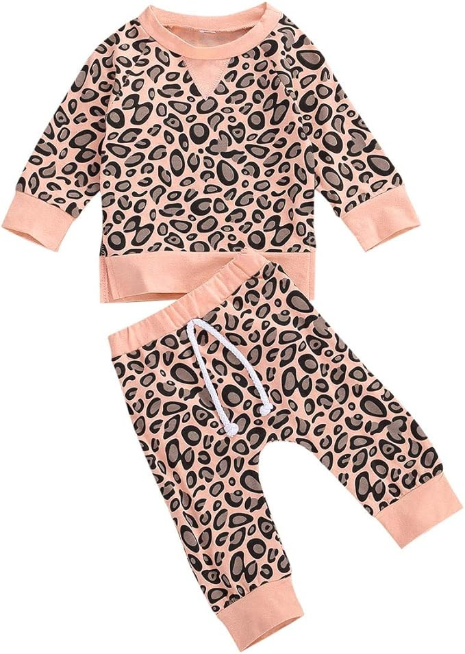 Newborn Baby Boy Girl Fall Winter Clothes Leopard Long Sleeve T Shirt Top Drawstring Pants Pajama... | Amazon (US)