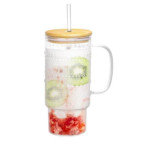 erichbow 32oz Glass Cup with Lid and Straw, Embossed Beaded Glass Tumbler with Handle Bamboo Lid and Straw for Whiskey Cocktail Beer, Iced Coffee, Hot/Cold Drinks | Amazon (US)