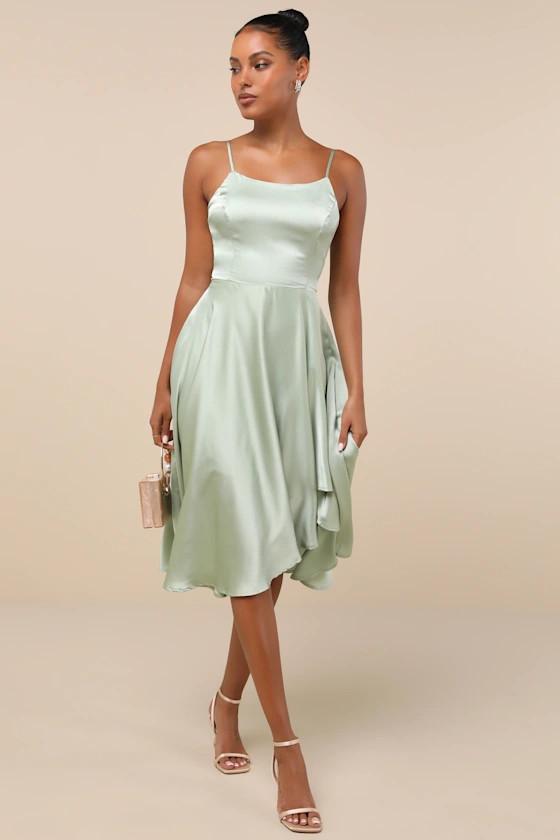 Days Like Today Sage Satin Asymmetrical Tie-Back Midi Dress | Lulus