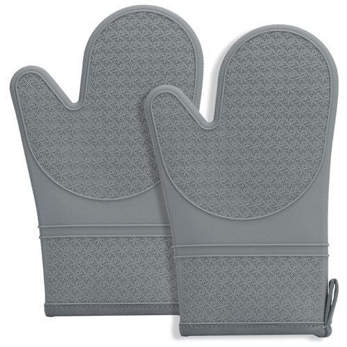 Hovico Silicone Oven Mitts, Heat Resistant 500F Kitchen Mitts 2PCS, 11.6" BPA-Free Soft Baking Gloves, Non-Slip Grip Oven Gloves with Soft Cotton Lining for Kitchen Cooking Baking BBQ - Gray | Amazon (US)