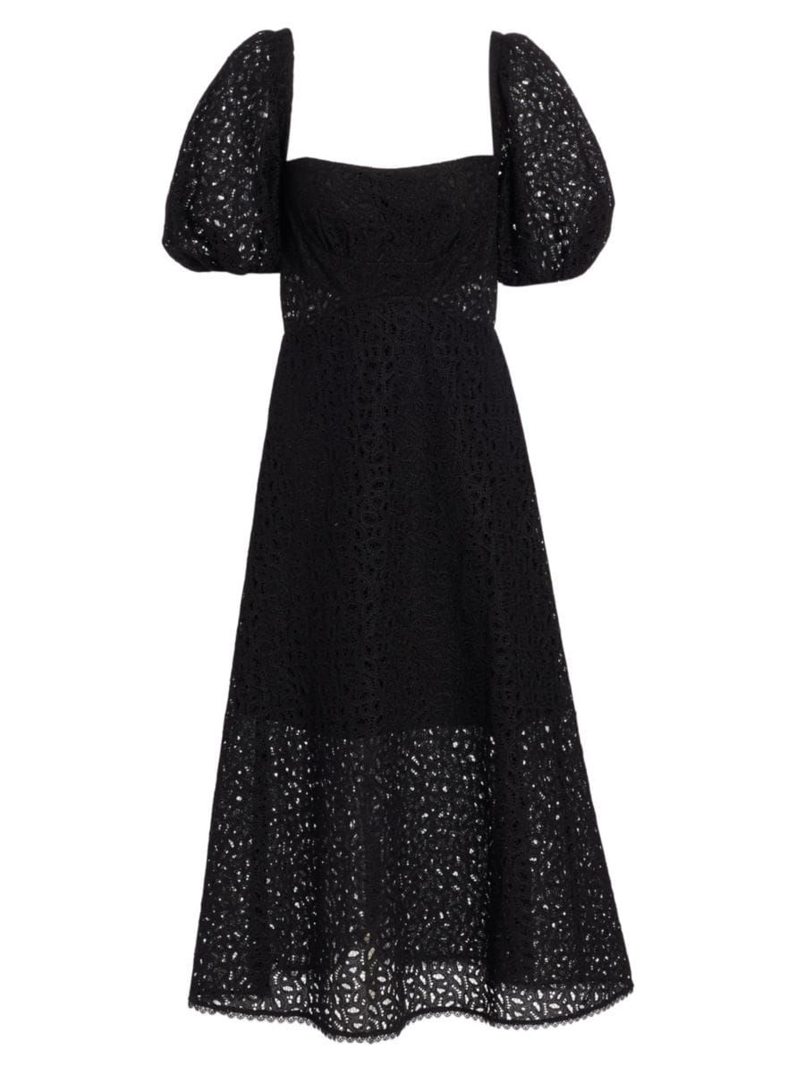 Lace Puff-Sleeve Midi-Dress | Saks Fifth Avenue