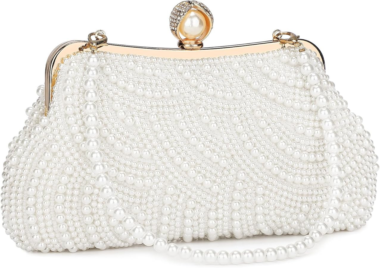 UBORSE Women Pearl Clutch Bag Noble Crystal Beaded Evening Bag Wedding Clutch with Pearl Chain | Amazon (US)
