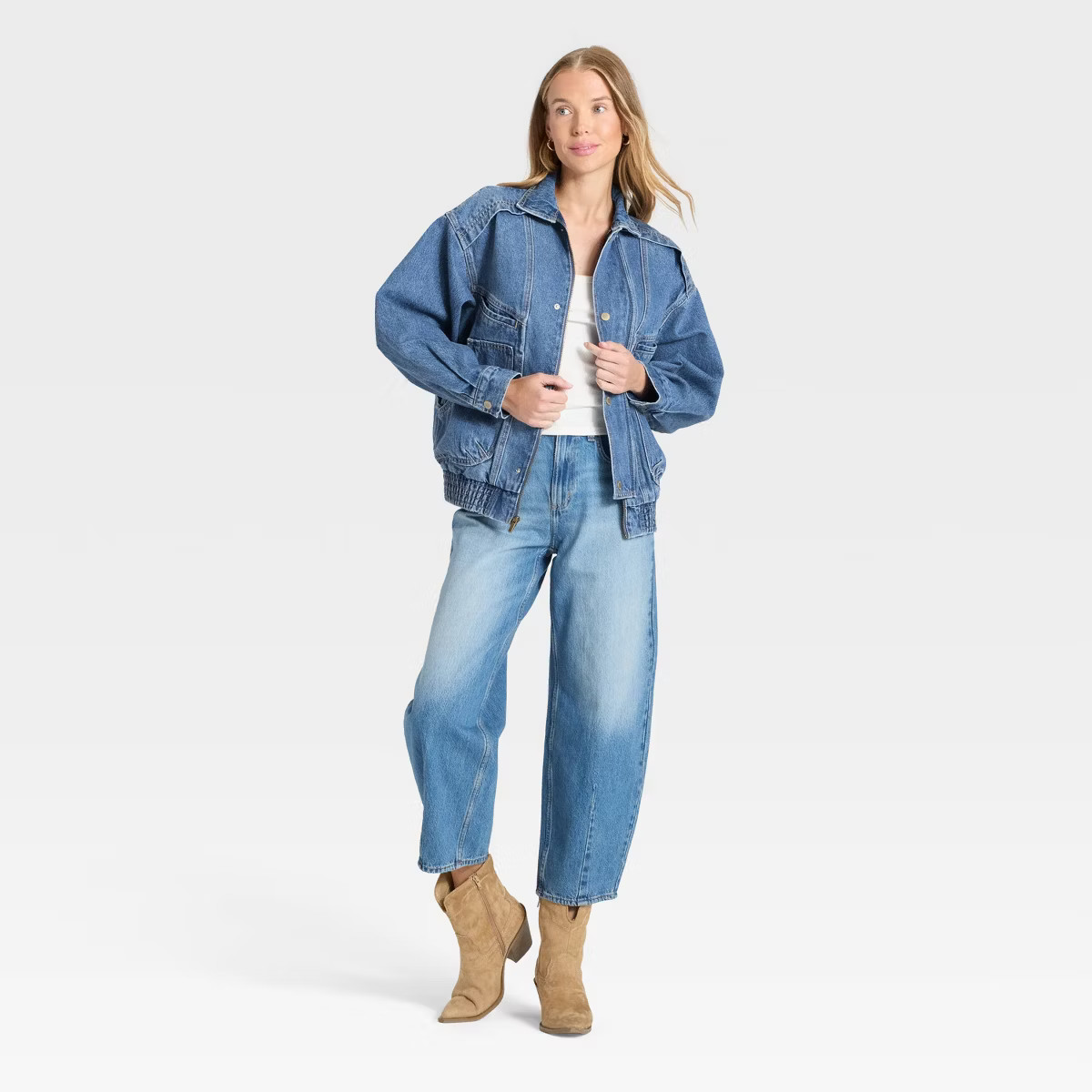 Women's Relaxed Bomber Denim Jacket - Universal Thread™ Medium Wash XS | Target