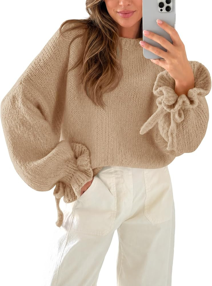 Saodimallsu Womens Ruffle Sleeve Sweater Oversized Chunky Fall Pullover Top | Amazon (US)