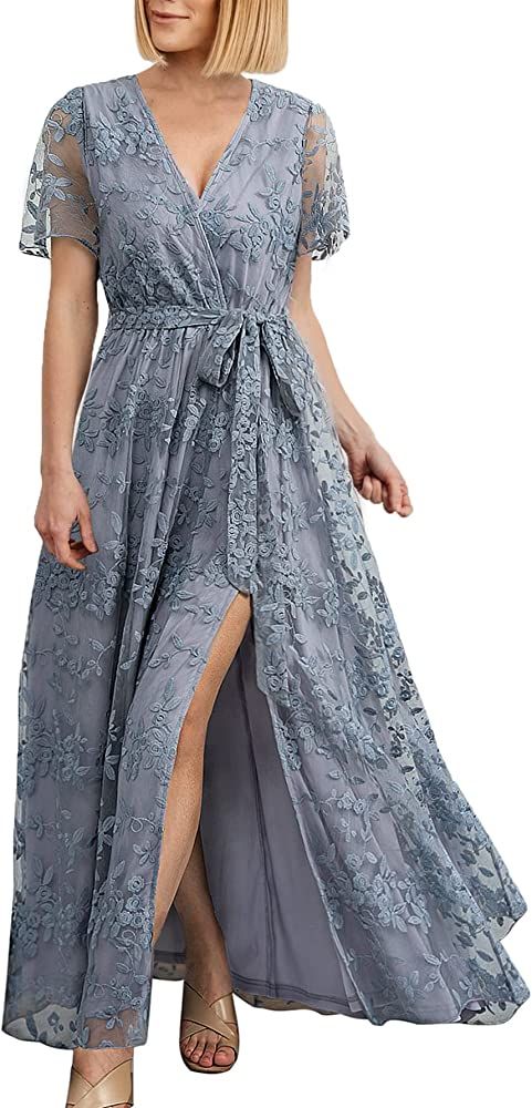BerryGo Women's Mesh Embossed Short Sleeve Floral Lace Semi Formal Dress V Neck Long Maxi Dress f... | Amazon (US)