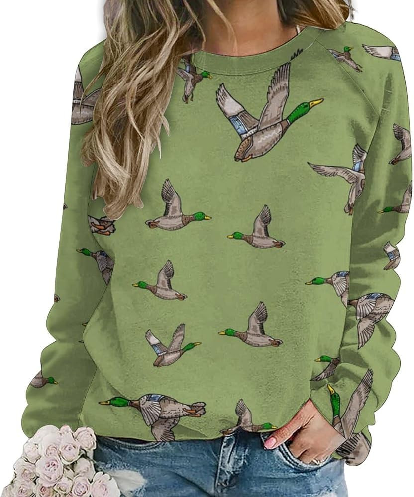 Mallard Duck Women Sweatshirt Crewneck Pullover Casual Tunic Long Sleeve Top | Amazon (US)