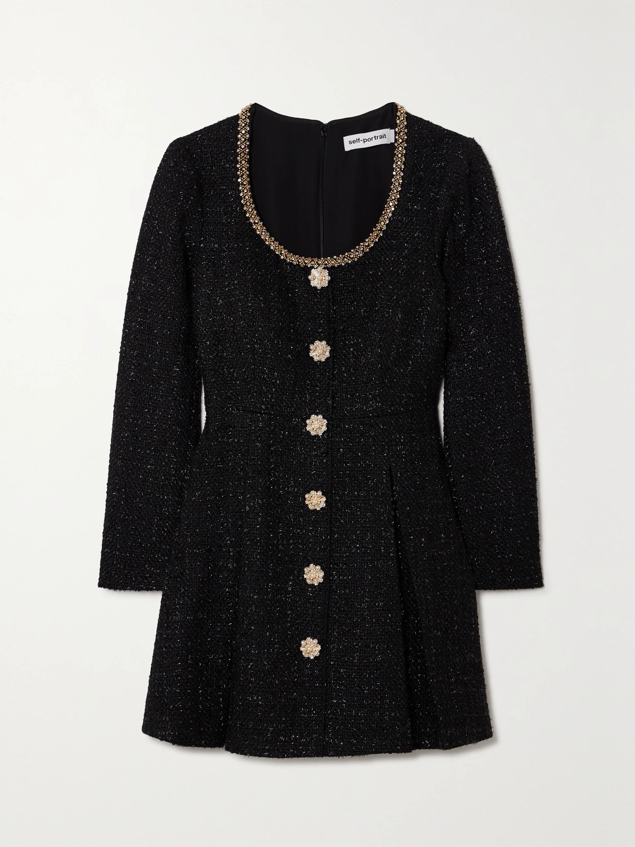 Self-Portrait - Embellished Pleated Metallic Bouclé-tweed Mini Dress - Black | NET-A-PORTER (US)