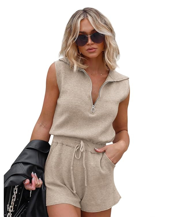 Yousify Women's Casual Sleeveless Short Rompers Summer Half Zip Lapel Collar Drawstring Knit One ... | Amazon (US)
