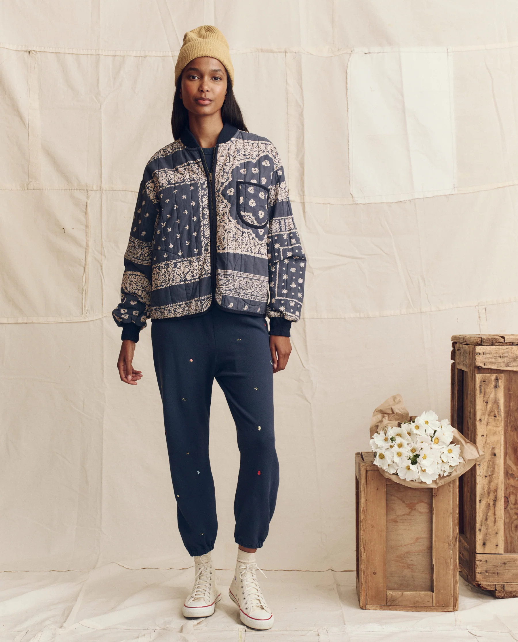 The Quilted Bomber. -- Navy Bandana Print | THE GREAT.
