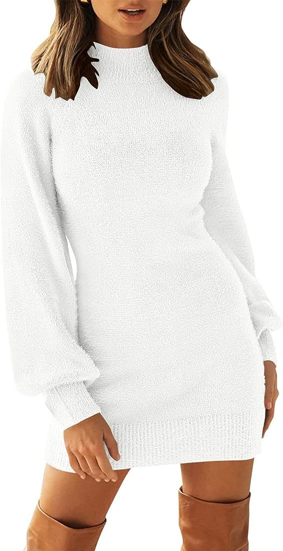 ANRABESS Women's Mock Neck Ribbed Long Sleeve Bodycon Pullover Cute Mini Sweater Dress | Amazon (US)