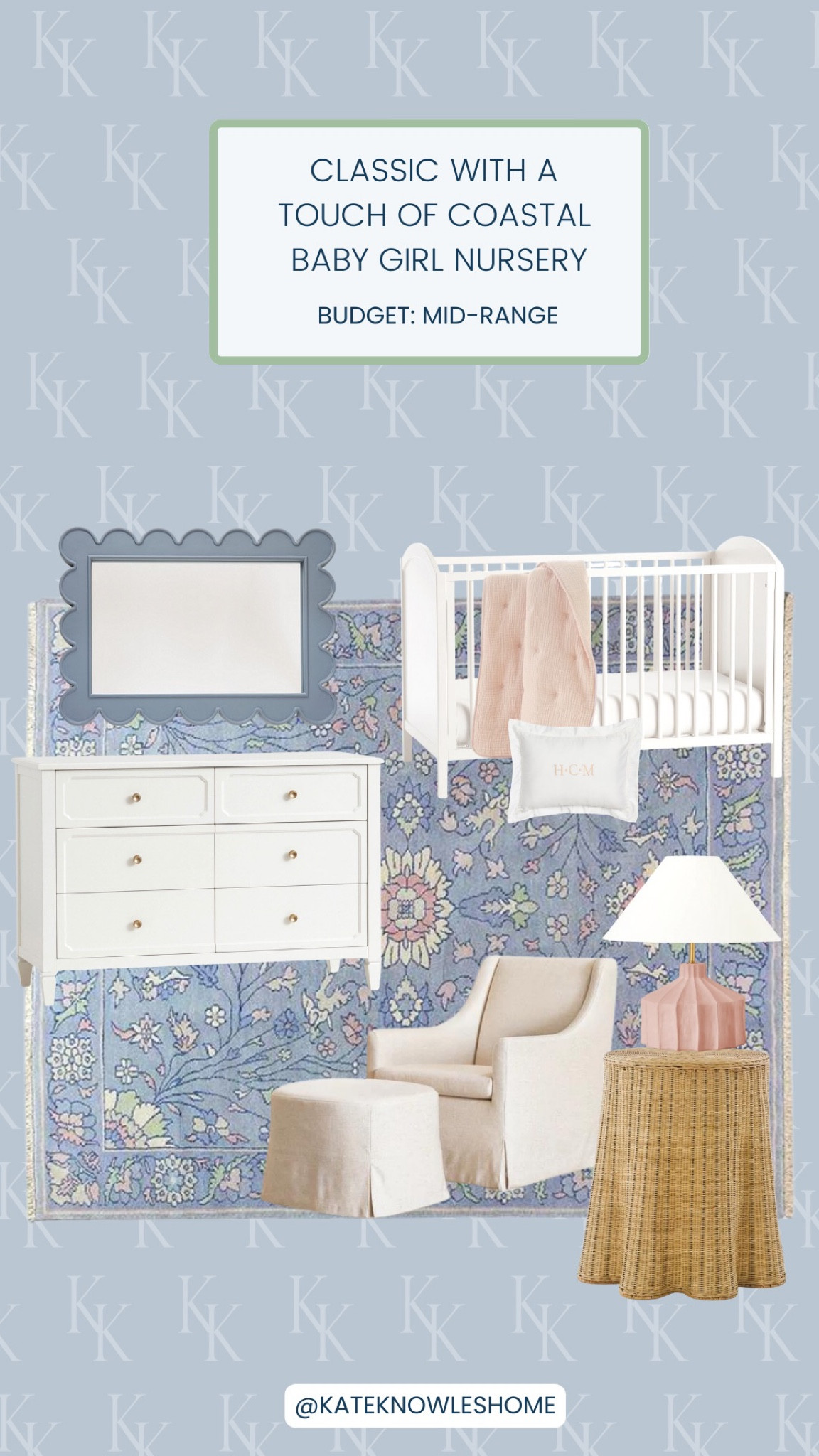 Nursery, baby girl, coastal nursery, classic nursery, pink and blue, preppy, scalloped mirror, white crib, white dresser, glider, ottoman, pink lamp, Kelly Wearstler 

#LTKkids #LTKbaby #LTKhome