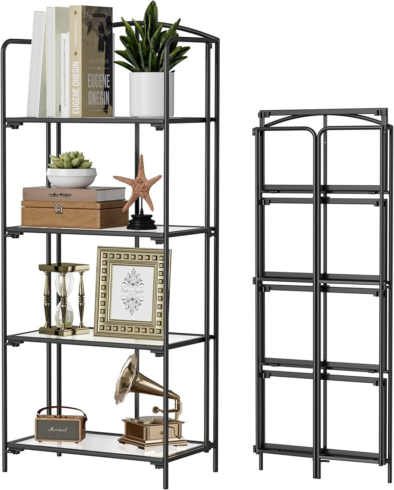 Crofy No Assembly Folding Bookshelf for Living Room, 4 Tier Black Collapsible Book Shelf for Home... | Amazon (US)