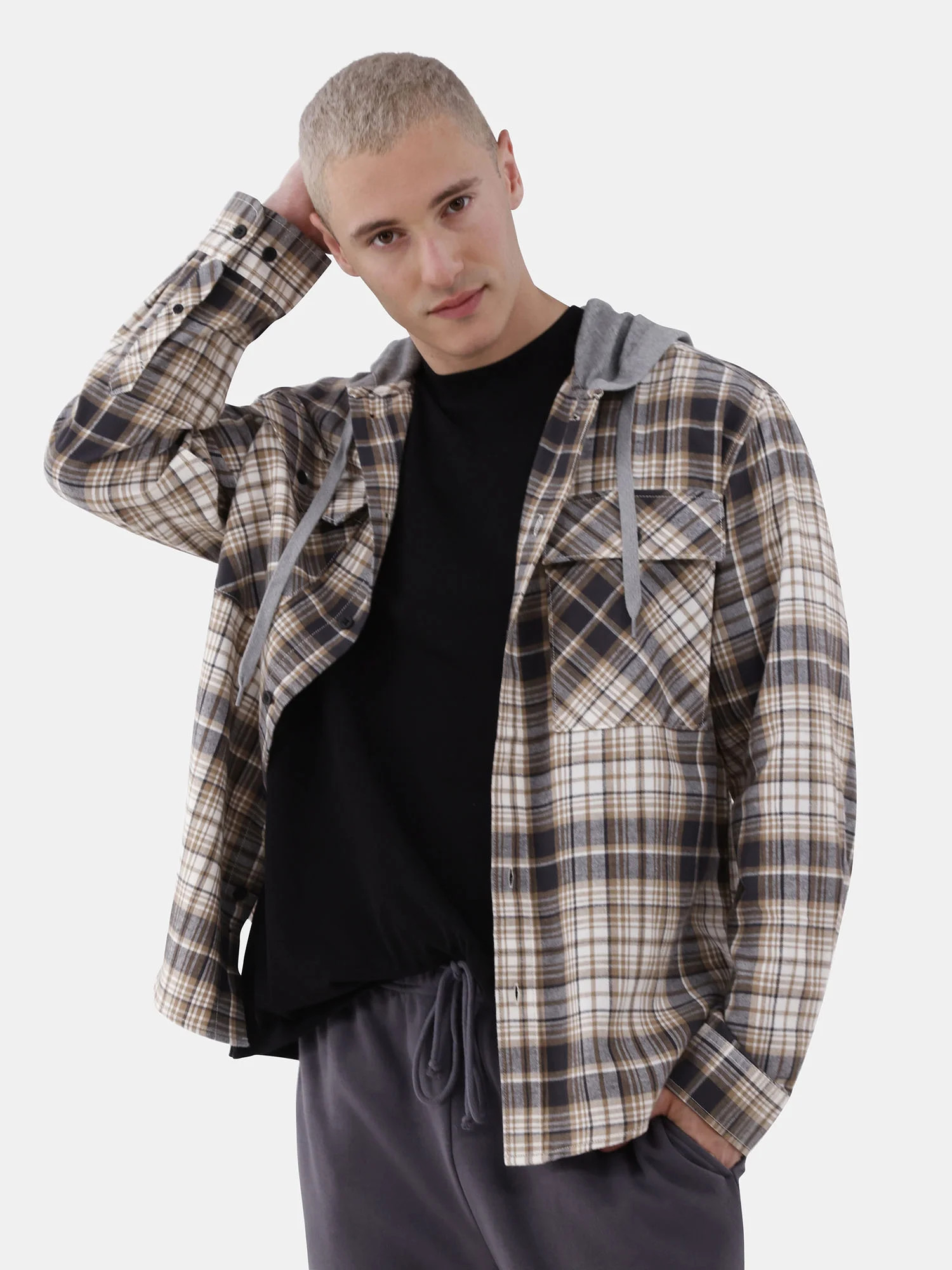 No Boundaries Hooded Flannel Shirt with Long Sleeves, Men's and Big Men's | Walmart (US)