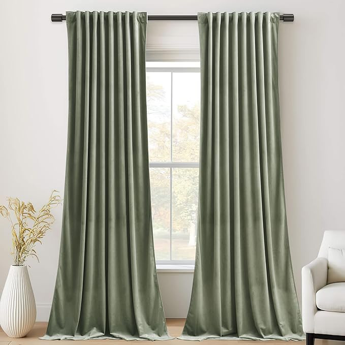 StangH Sage Green Velvet Curtains 120 inches - High Ceiling to Floor Curtains Back Tab Thermal In... | Amazon (US)