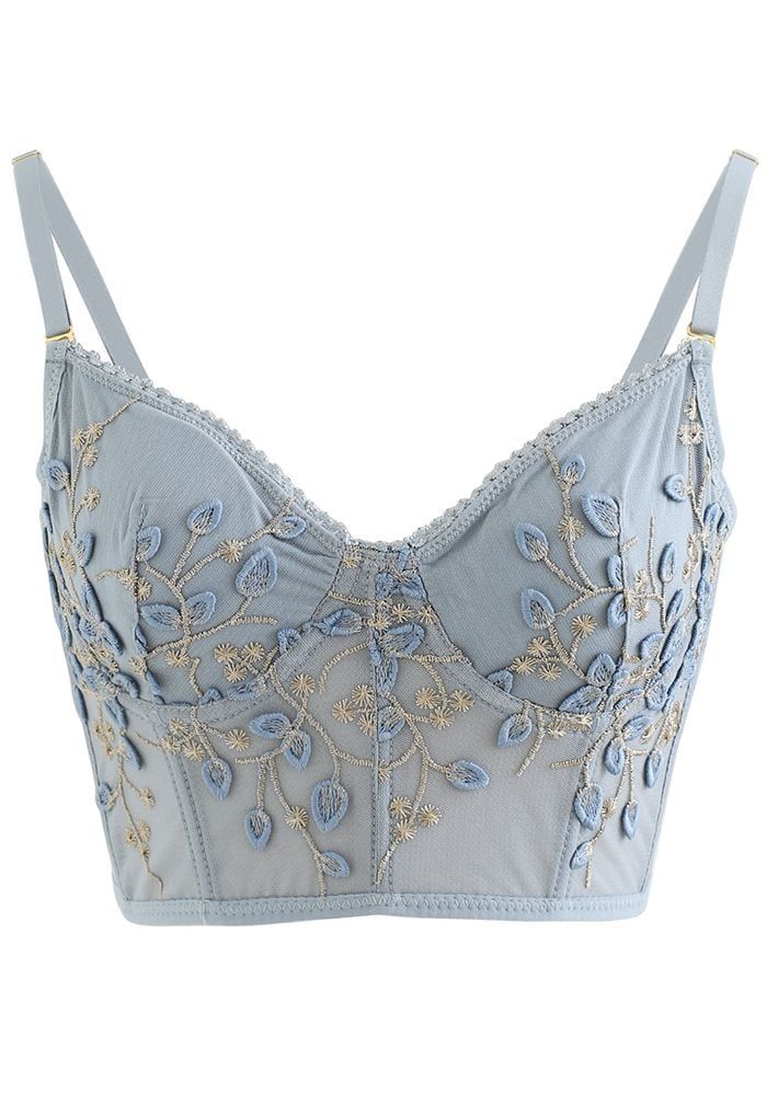 Branch Embroidered Mesh Bra Top in Dusty Blue | Chicwish