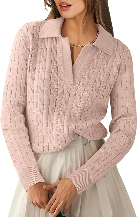 ANRABESS Womens Cable Knit Sweaters Long Sleeve V Neck Sweater Tops Casual Pullover Polo Shirts 2... | Amazon (US)