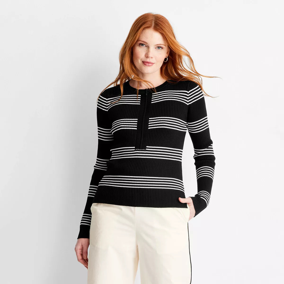 Women's Crewneck Zip-Front Sweater - Future Collective Black S | Target