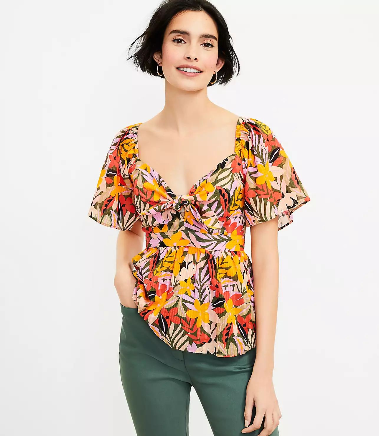 Tropical Flutter Tie Neck Top | LOFT