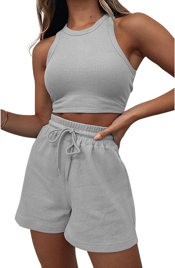Women's 2 Piece Outfits Pajama Lounge Sets Sweatsuits Waffle Sleeveless Crop Top And Drawstring S... | Amazon (US)