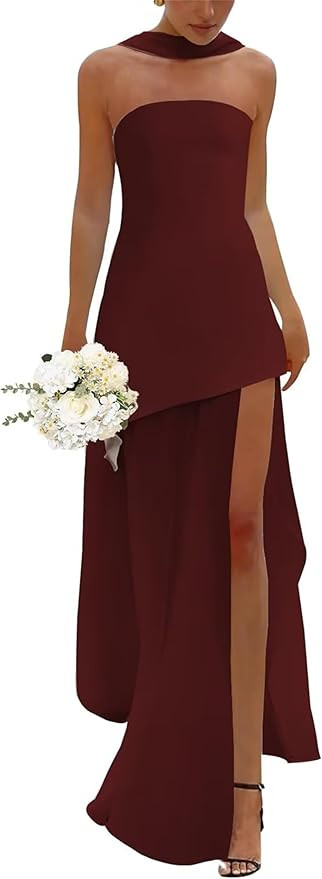 Chiffon Strapless Bridesmaid Dresses for Women Satin High Slit Formal Evening Dress with Scarf | Amazon (US)