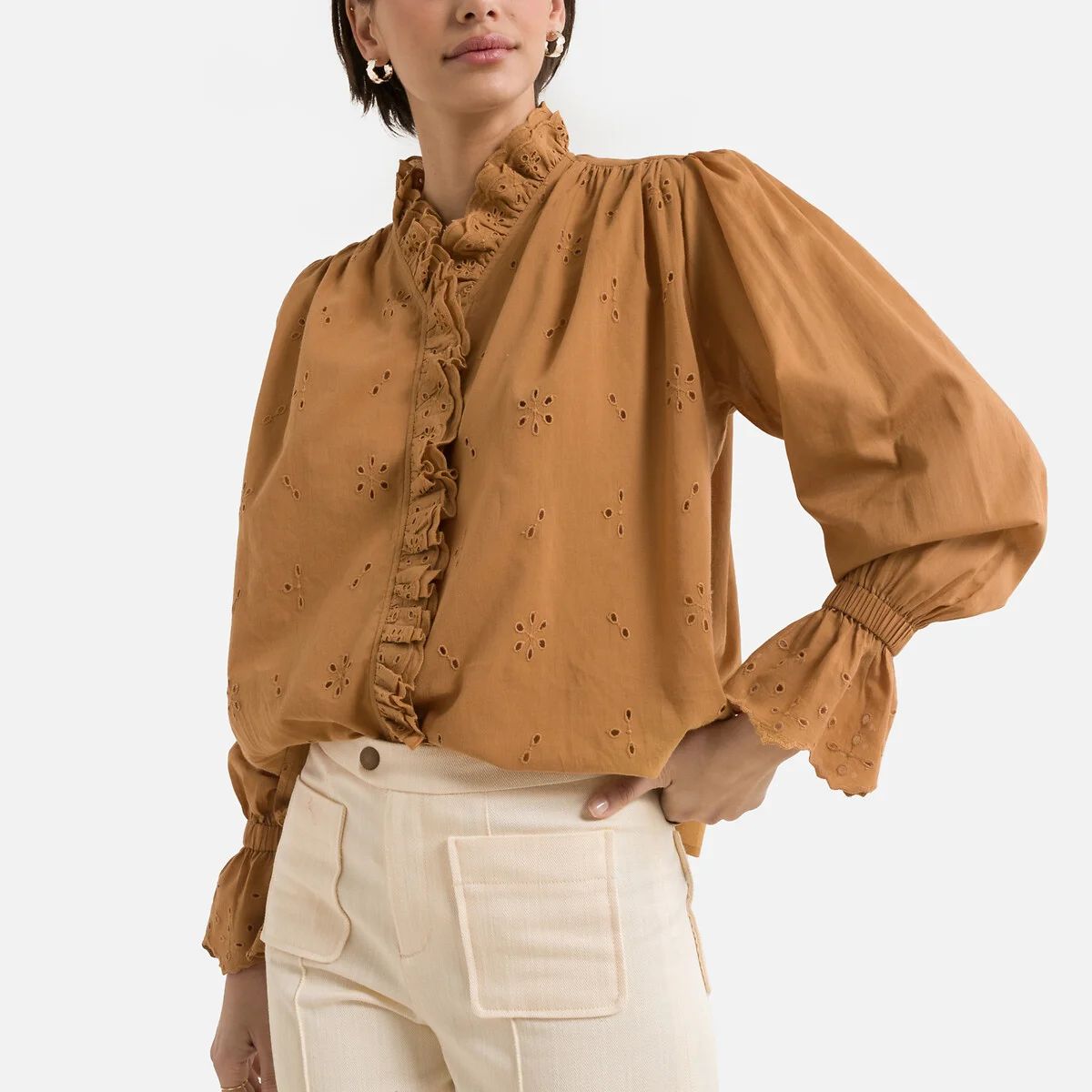 Daisya Broderie Anglaise Shirt in Cotton with Ruffled Cuffs and High Neck | La Redoute (UK)