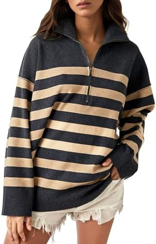 Knit Coastal Stripe Pullover for Women Oversized Fit Medium Weight Sweater with Quarter Zip Neckl... | Amazon (US)