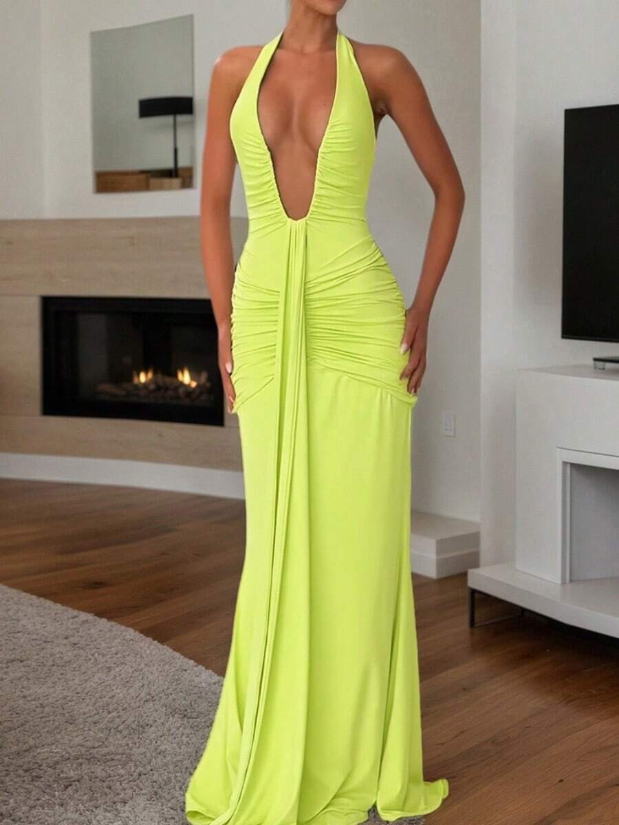 Sexy Elegant Women's Long Knitted Halter Dress Sleeveless Backless Fitted Design With High Stretc... | SHEIN