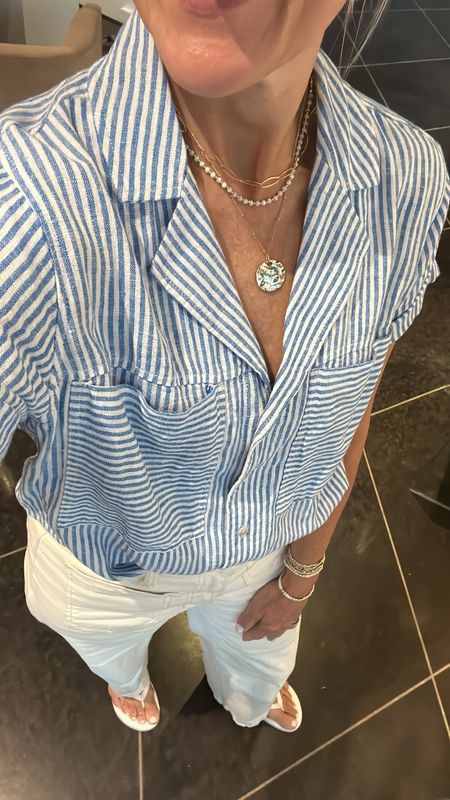 This shirt is GOOD! Wearing small and only $20!! 
Paired with these ecru Madewell patch pocket denim pants 
Fit tts

These necklaces are gorgeous, and one of the reasons I love them so much is that you can wear them in or around water and not have to worry. Use code Cindy20 for 20% off your purchase.



#LTKStyleTip #LTKOver40 #LTKTravel