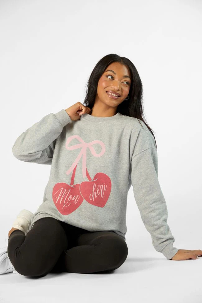 Mon Cheri Light Grey Oversized Graphic Sweatshirt | Pink Lily