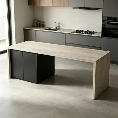 Travertine Kitchen Island, Mid-Century Modern Countertop, Built-In Storage Cabinet, Hidden Handles, Freestanding Kitchen Workstation | Wayfair North America