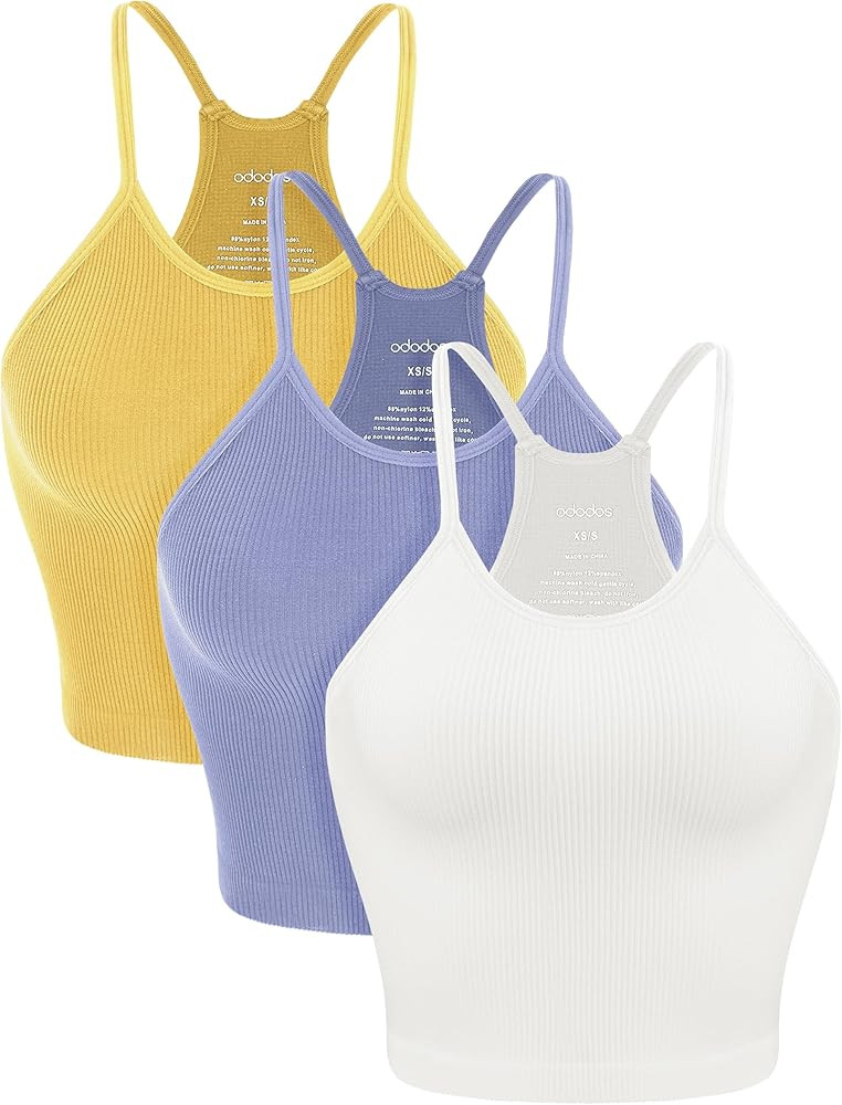 ODODOS Women's Crop 3-Pack Seamless Rib-Knit Camisole Crop Tank Tops | Amazon (US)