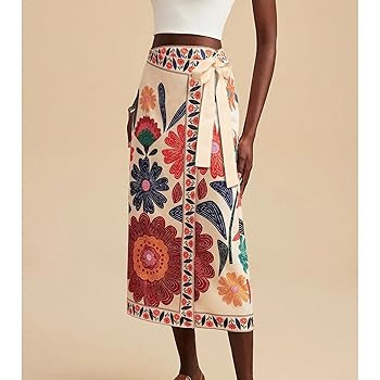 Womens Floral Wrap Midi Skirt Summer Adjustable Tie Side Casual High Waist A Line Beach Boho Long... | Amazon (US)