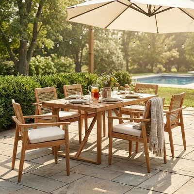 Christopher Knight Home Bryan Modern 7 Piece Patio Acacia Dining Set with Slatted Table and Rope Design, Teak/Beige | Target