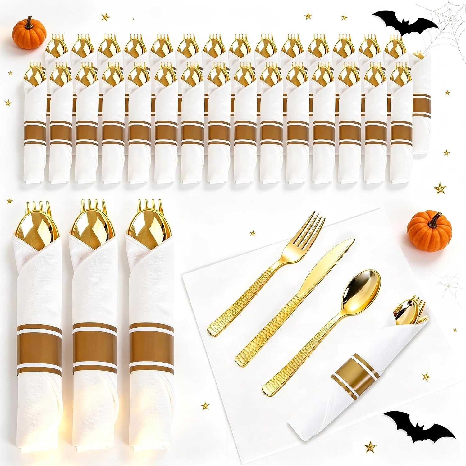 WELLIFE 100 Pack Gold Plastic Silverware, Pre Rolled Silverware Set Disposable,Plastic Cutlery Includes: 100 Forks, 100 Knives, 100 Spoons, 100 Napkins, Cutlery Set Disposable for Party | Amazon (US)