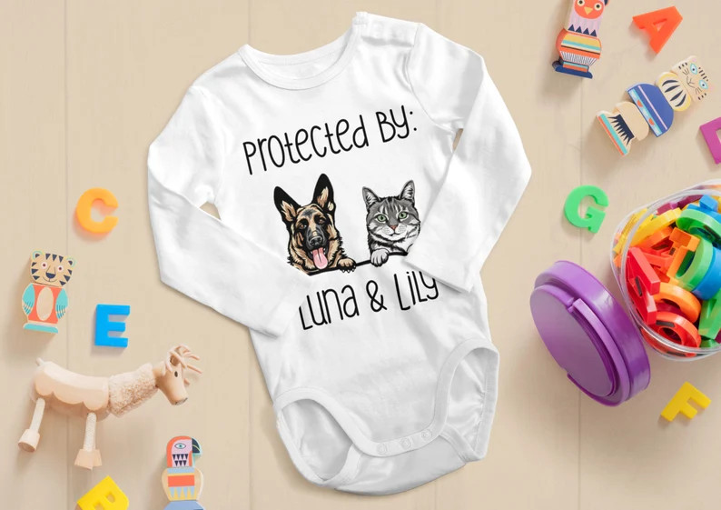 Baby Shower Gift Protected by Pets Onesie® Custom Dogs and Cats Onesie® Personalized Baby Gift ... | Etsy (US)