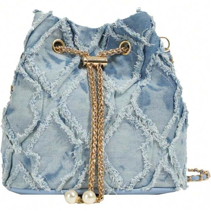 Drawstring Crossbody Purse Bucket Bag Small Jean Shoulder Ball And Chain Bag Distressed Hobo Bag ... | SHEIN