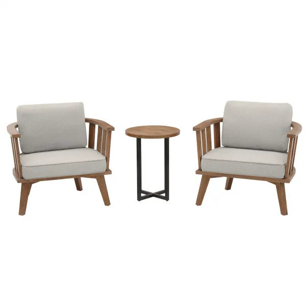 Sage Point Brown 3-Piece Wood Outdoor Patio Set with Grey Cushion and Brown Pillow | The Home Depot