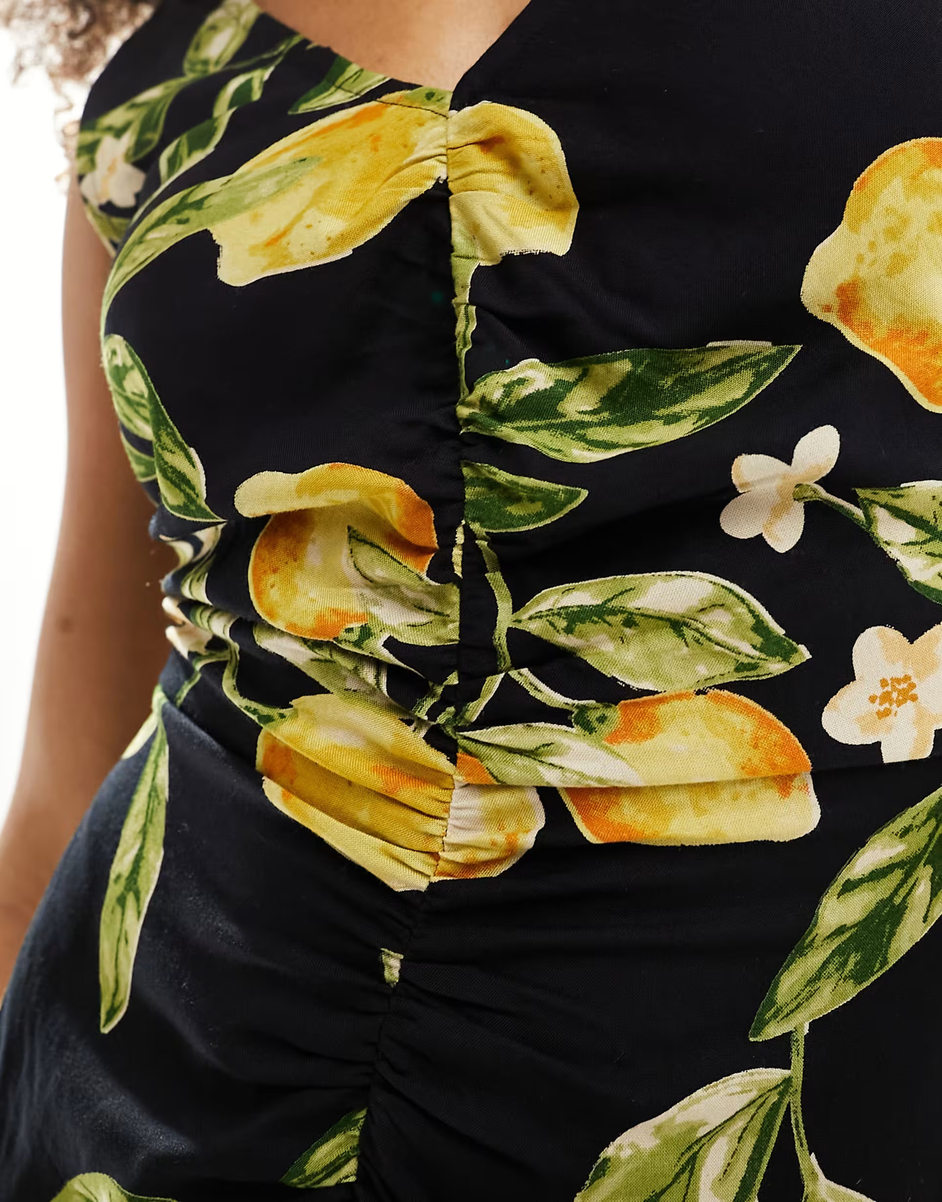 ASOS DESIGN twist strap ruched bodice midi dress in lemon print | ASOS | ASOS (Global)