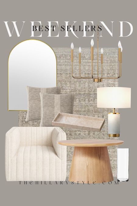 Weekend Best Sellers Home: furniture and decor from Wayfair, target, Walmart, Amazon. Area rug, arch gold mirror, accent chair, coffee table, marble lamp, gold chandelier, glass vace, throw pillows.

#LTKSeasonal #LTKStyleTip #LTKHome
