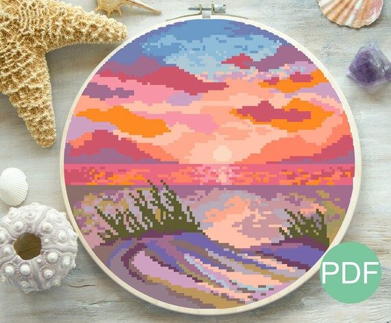 Sea sunset  landscape cross stitch pattern Modern embroidery Summer Pattern counted cross stitch ... | Etsy (US)