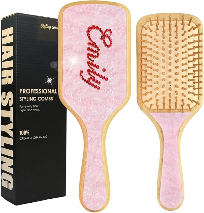 Personalized Rhinestone Hair Brush for Women & Girls - Custom Name Wooden Paddle Brush Natural Ba... | Amazon (US)