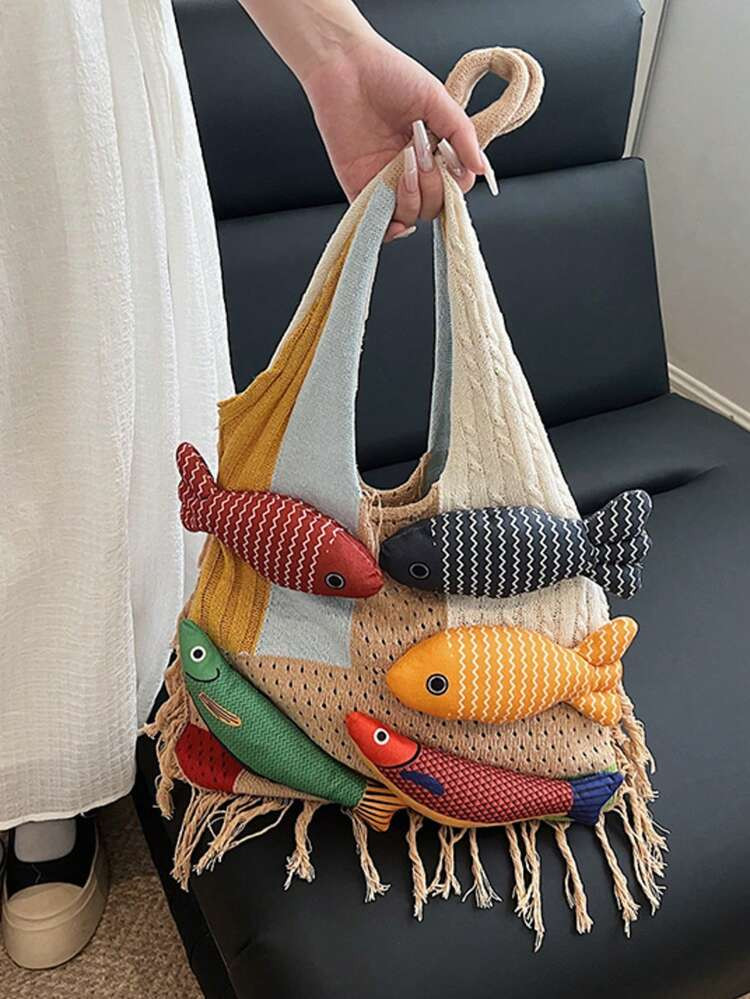 Oaoleer 1PC Knitted Yarn Woven Beach Shoulder Bag For Women,Color Block Fish Shape Large Capacity Shoulder Tote Bag 3D Fish Boho Tote Versatile Purse Hobo Handbag For Summer Vacation | SHEIN