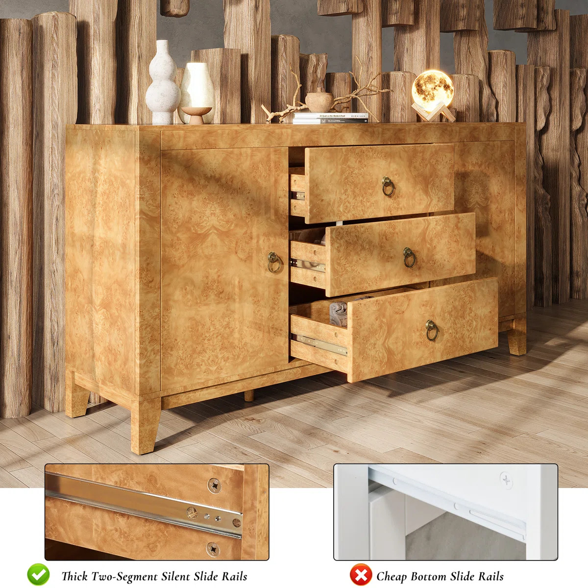 Dorne 60" Modern High Gloss Burl Sideboard with Adjustable Shelves | Wayfair North America