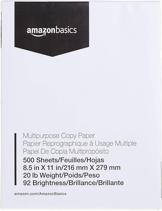 Amazon Basics Multipurpose Copy Printer Paper, 8.5 x 11 inches, 20 lb, 1 Ream, 500 Sheets, 92 Bri... | Amazon (US)
