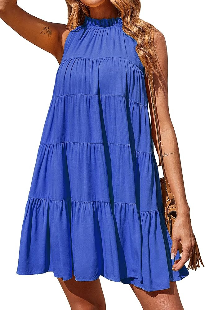 Okiwam Women's Summer Casual Sleeveless Halter Dress Ruffle Tiered Flowy Short Dress Loose Swing Ple | Amazon (US)