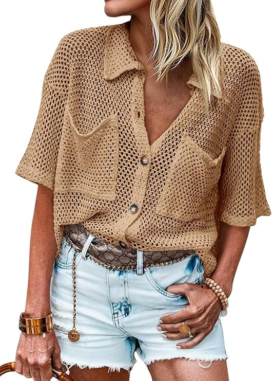Fisoew Womens Crochet Lightweight Cardigan Sweaters Short Sleeve Summer Button Down Collared Loos... | Amazon (US)
