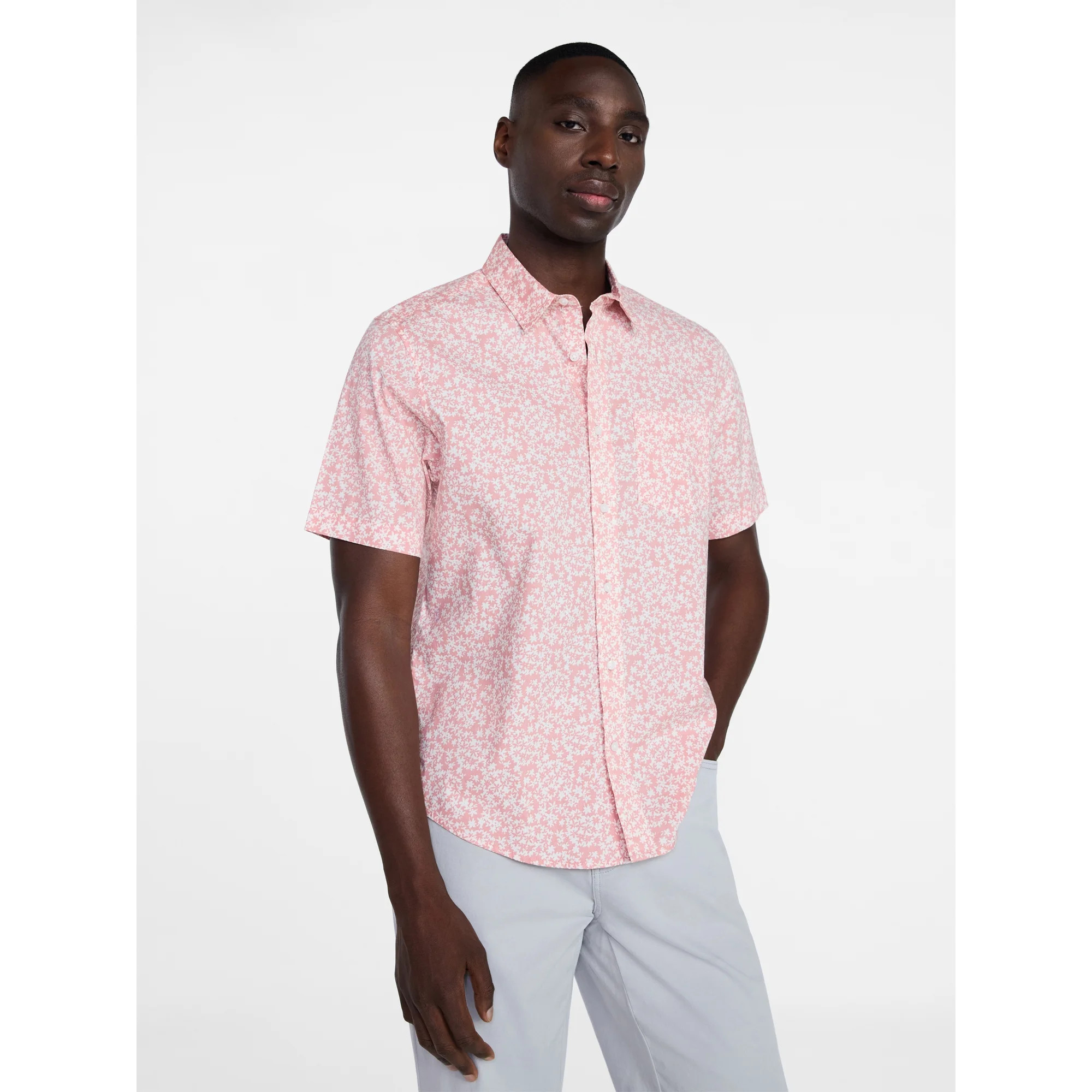 George Men's & Big Men's Modern Fit Chambray Poplin Button Up Shirt with Short Sleeves, Sizes XS-... | Walmart (US)