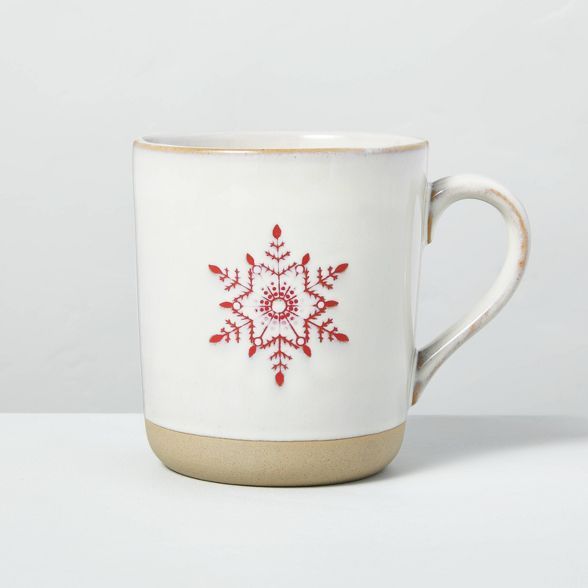 16oz Festive Snowflake Stoneware Mug Light Gray/Red - Hearth &#38; Hand&#8482; with Magnolia | Target